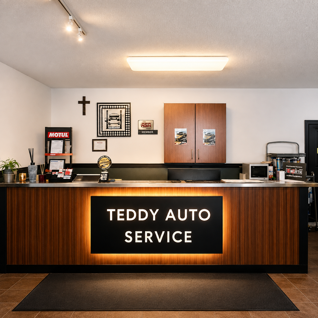 Front counter and waiting area at Teddy Auto Services in Edmonton